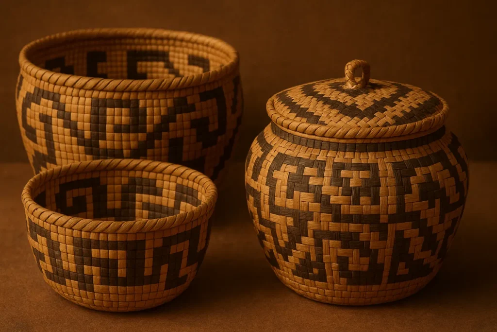 Expertly woven Southeastern rivercane baskets featuring traditional Native American patterns, celebrating the artistry and cultural legacy of Indigenous basketmakers.