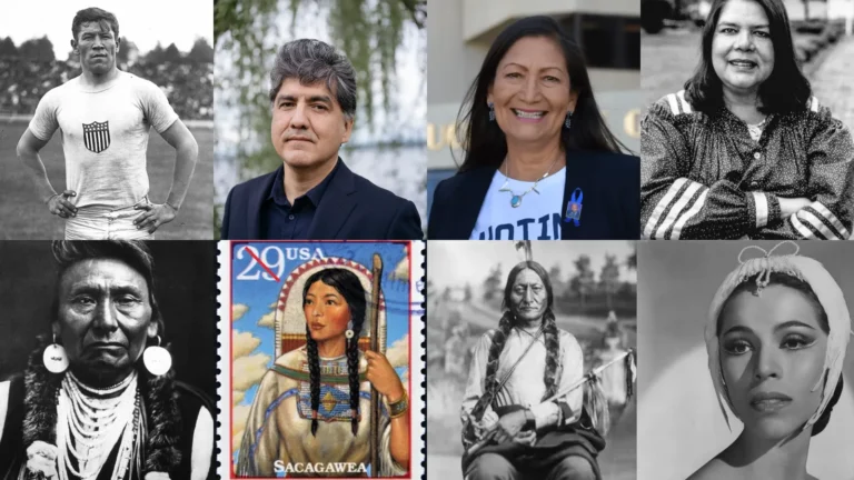 Collage of eight well-known Native Americans: Jim Thorpe, Sherman Alexie, Deb Haaland, Wilma Mankiller, Chief Joseph, Sacagawea, and Sitting Bull arranged in two rows on a white background.