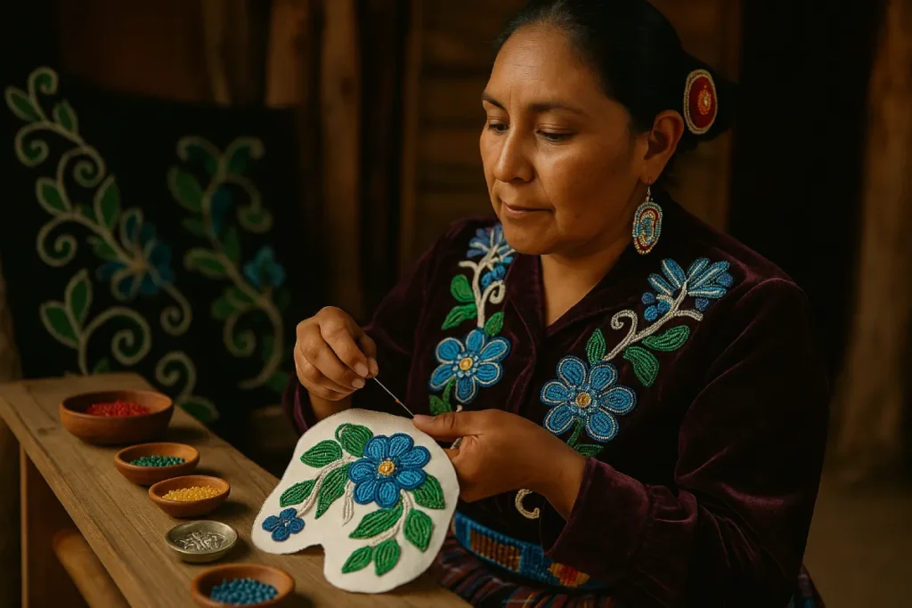 A Haudenosaunee beadwork artist meticulously stitches a vibrant floral pattern, preserving centuries of cultural tradition through raised beadwork that symbolizes storytelling, resilience, and identity.