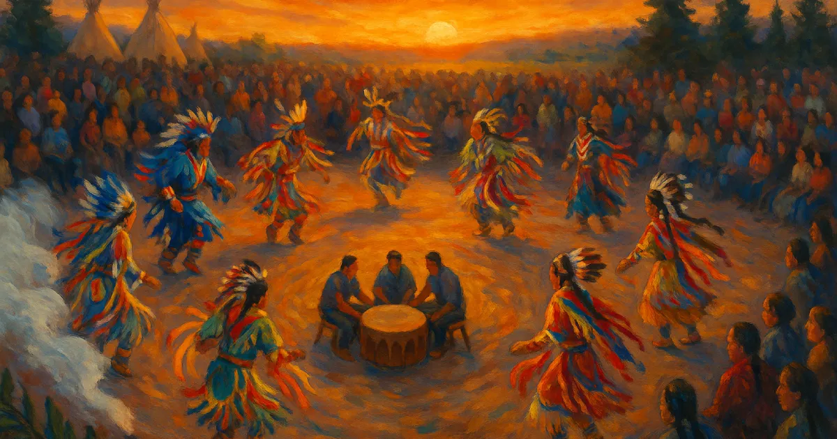 Painterly overhead scene of a sunset powwow: brightly clad Indigenous dancers circle a central drum while sage smoke drifts in the foreground, teepees and pine trees silhouetted against an orange sky.