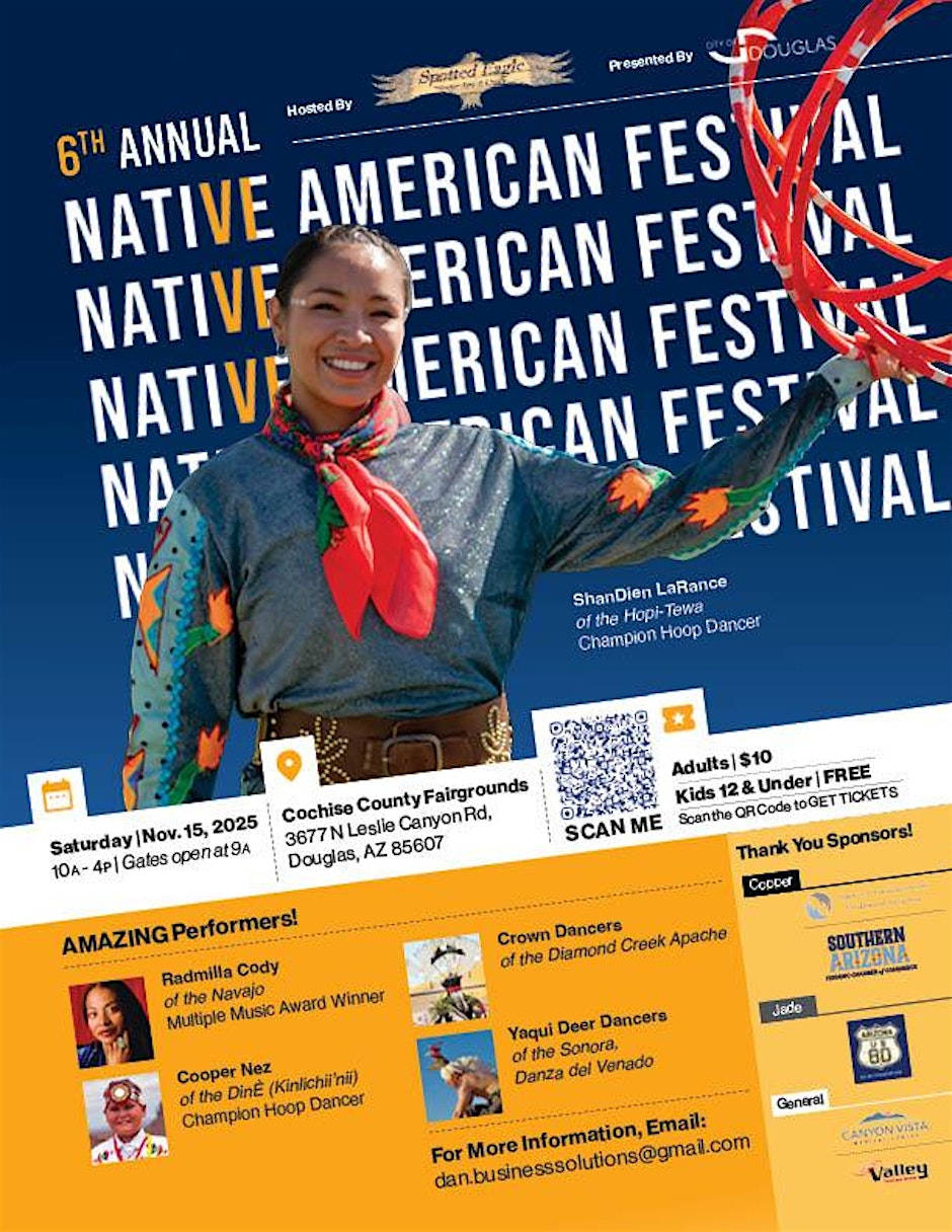 Tribal dancers in full regalia performing at an outdoor Native American festival in Arizona.