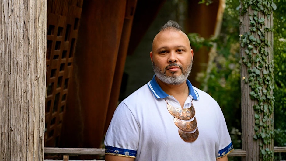 Designer Sebastian Ebarb (Choctaw-Apache) presenting a talk on Native American design and modern crafts at Thomas Crane Public Library.