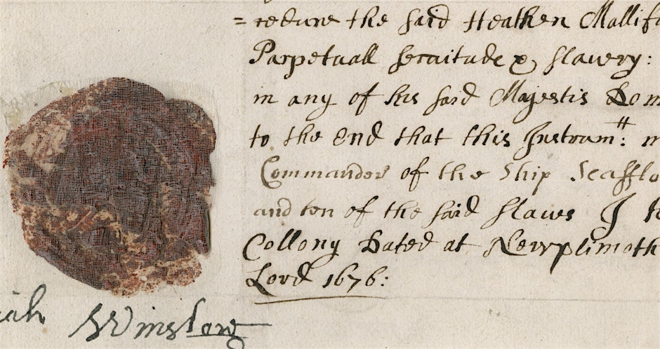 Close-up of a 17th-century handwritten document with a dark wax seal and visible date “1676.”