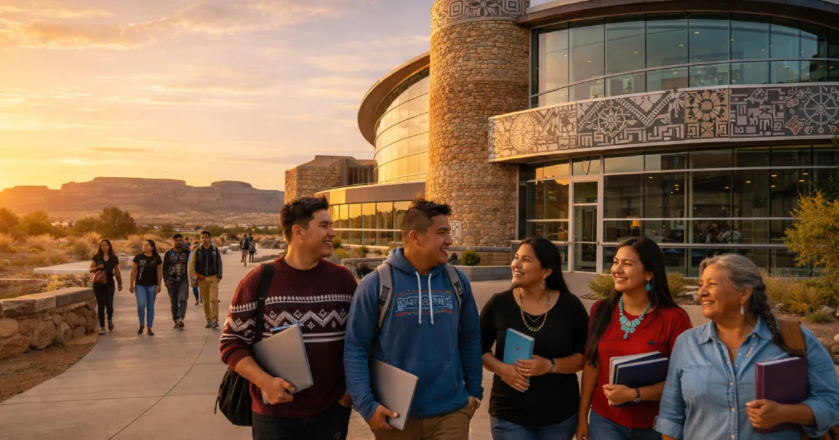 indigenous students on campus at sunset
