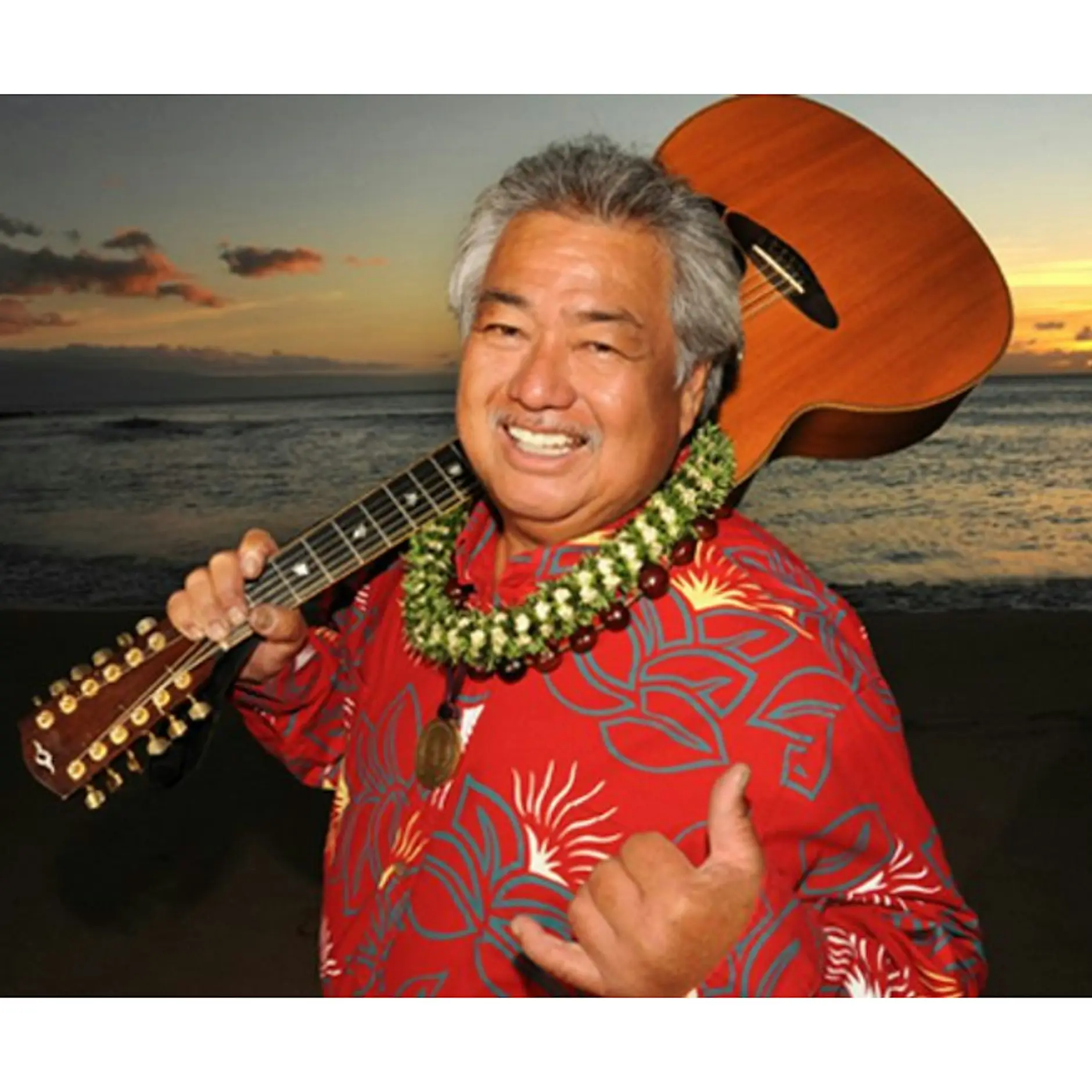 Hawaiian musician in a red aloha shirt holding a guitar near an ocean sunset backdrop.