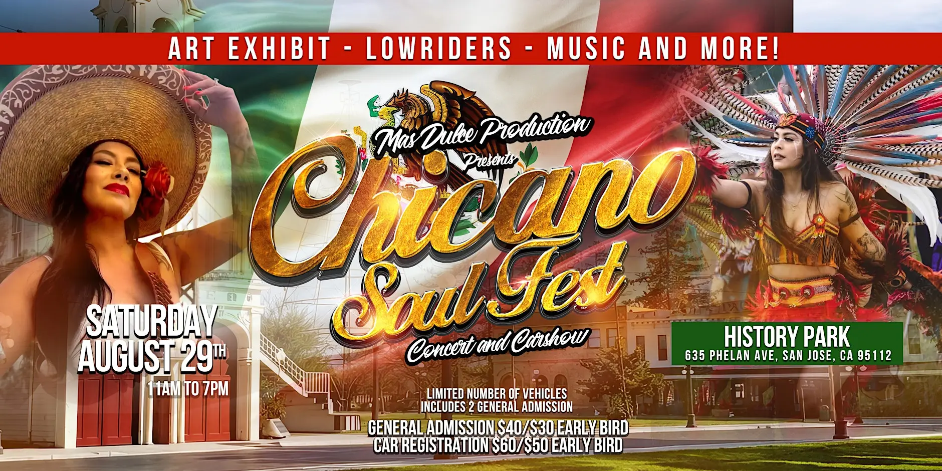 Chicano Soul Fest crowd enjoying live music, lowriders, art vendors, and cultural performances at History Park San Jose.