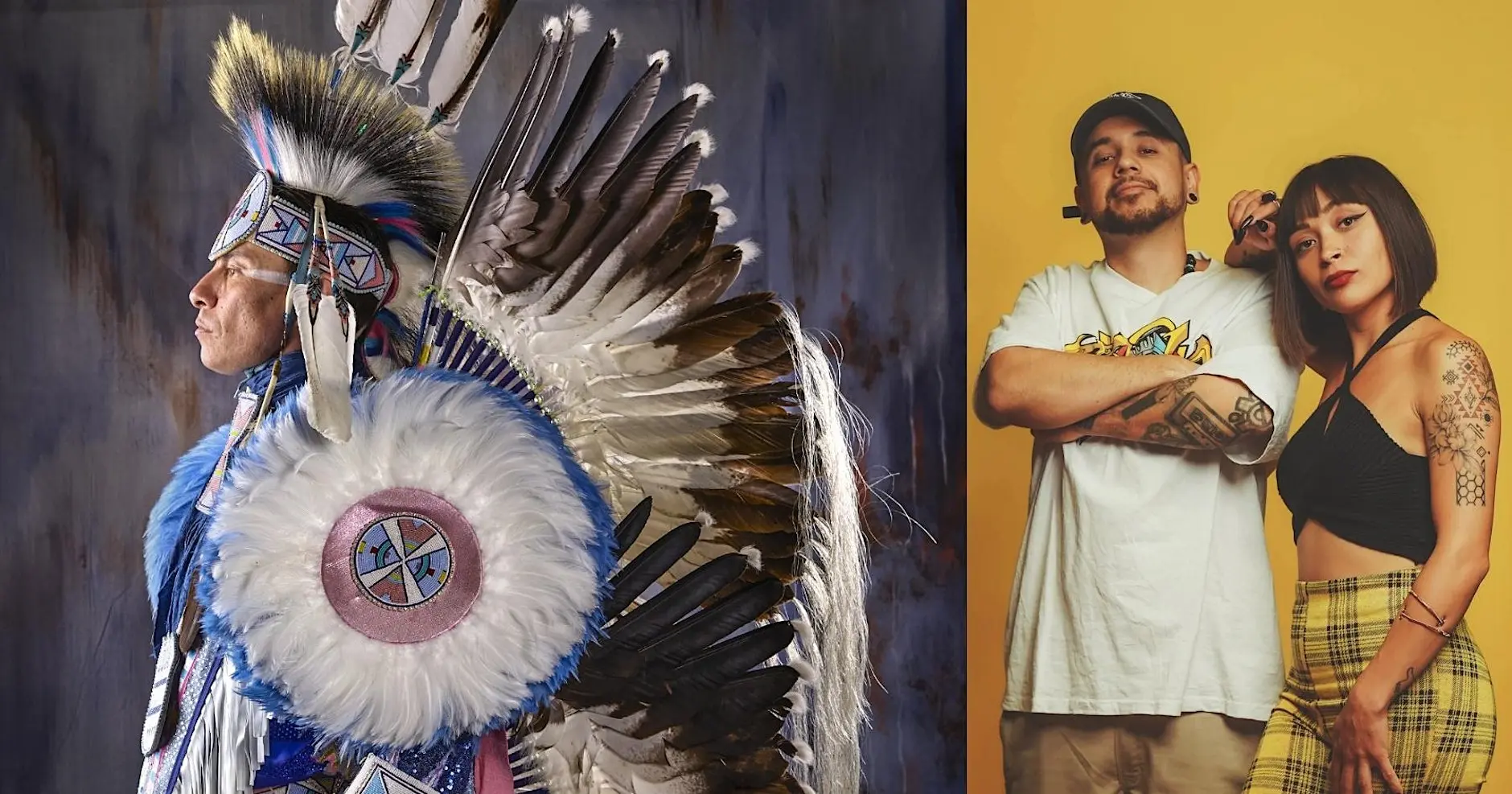 Split event image showing a Native dancer in regalia beside two contemporary Indigenous music artists against a yellow background.