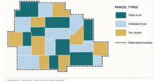 A publication-designed schematic showing a hypothetical reservation boundary containing Tribal trust, individual trust and fee-simple parcels